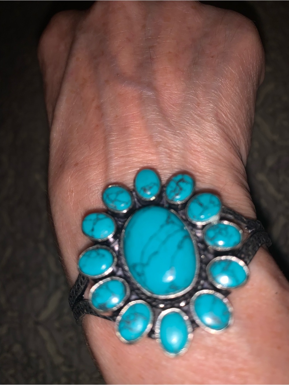 Vintage Turquoise Sterling Silver Cuff Flower Bracelet EC